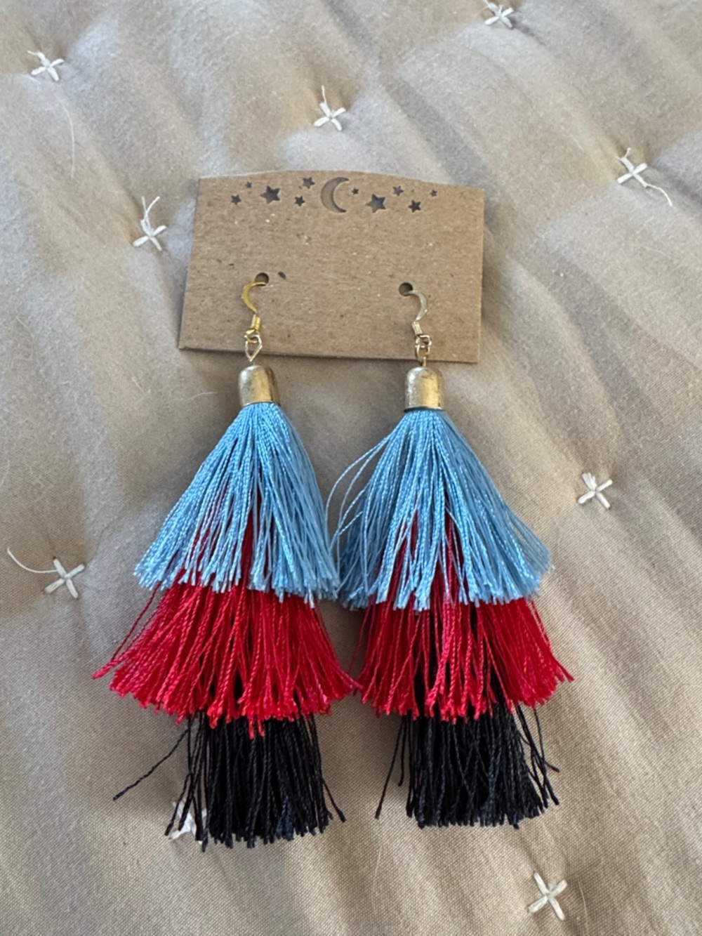 Tiered Tassel Drop Earrings in Light Blue, Red & Black